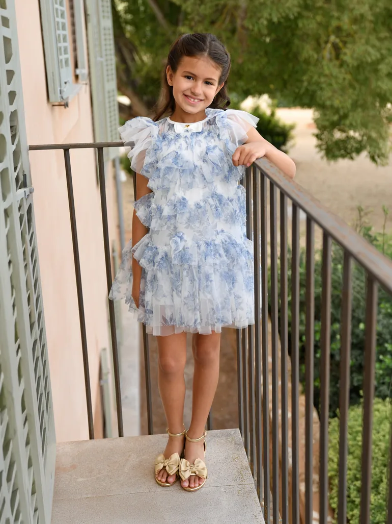 Angels Face Girls Etta Printed Tiered Tulle Dress in Blue