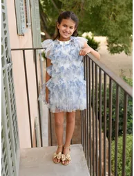 Angels Face Girls Etta Printed Tiered Tulle Dress in Blue