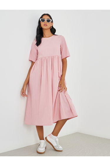 Solid Short Sleeve Round Neck A-Line Midi Dress