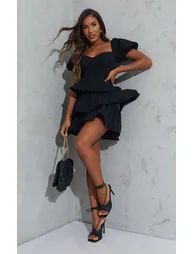 Black Crinkle Cup Detail Tiered Skirt Skater Dress - 5
