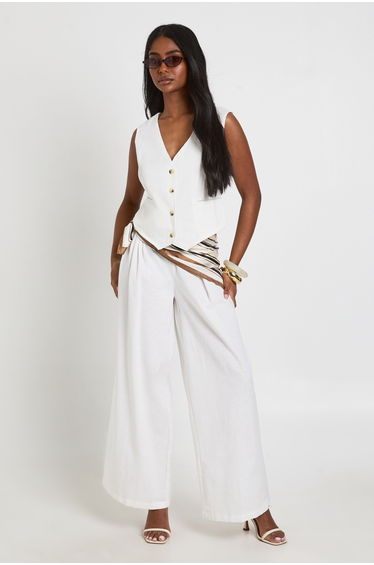 Linen Look Pleated Wide Leg Trousers - natural