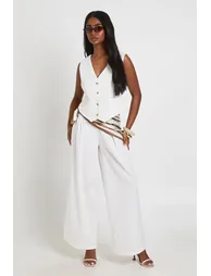 Linen Look Pleated Wide Leg Trousers - natural