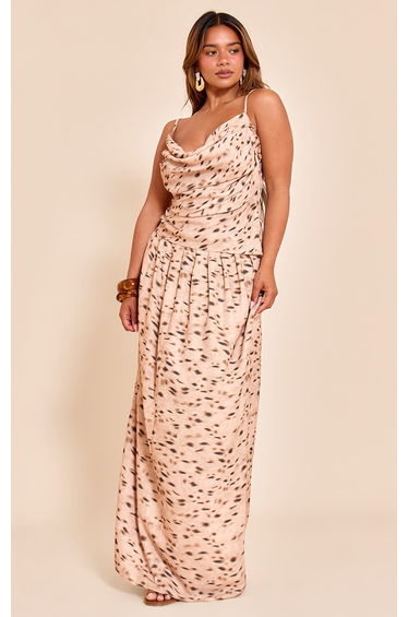 Shape Beige Animal Print Pleated Maxi Skirt