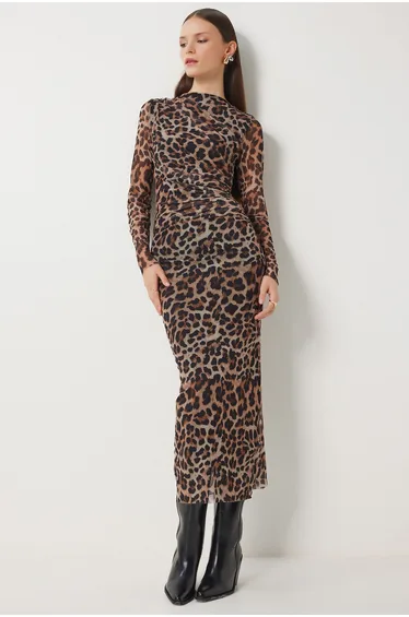 Women's Brown Beige Leopard Patterned Pleated Wrap Tulle Dress