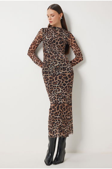 Women's Brown Beige Leopard Patterned Pleated Wrap Tulle Dress