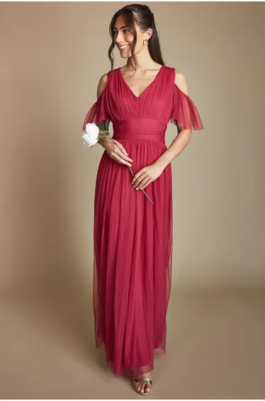 Pleat Bodice Ruffle Mesh Bridesmaid Midi Dress