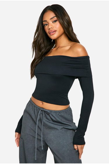 Fold Over Long Sleeve Top - black