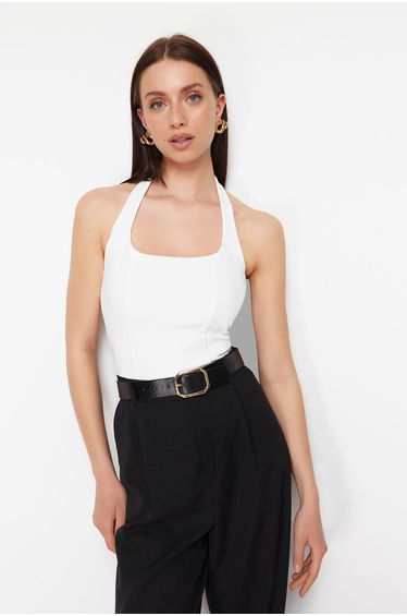 White Fitted Stretch Knitted Top