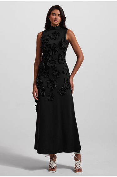 Roxane 3D Flower Sleeveless Maxi Dress Black in Black