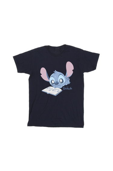 Lilo & Stitch Boys Reading Lying Down Cotton T-Shirt - Navy Blue