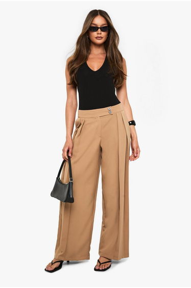 Woven Pleated Wide Leg Trousers - camel