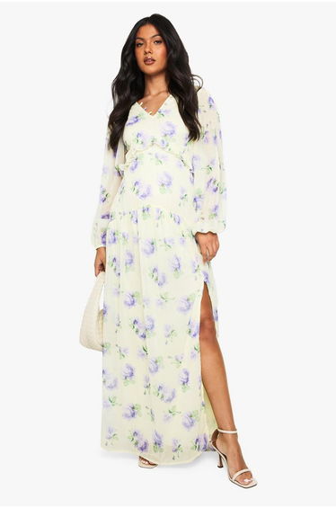 Maternity Chiffon Long Sleeve Pleated Waist Maxi Dress - lemon