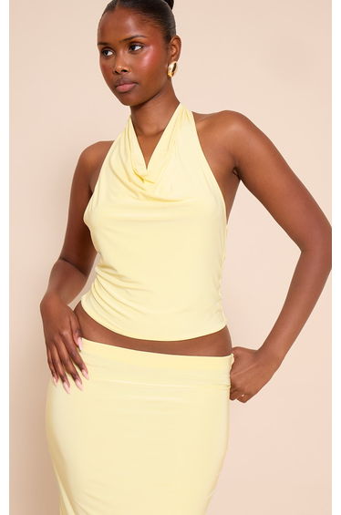 Lemon Double Layer Slinky Halterneck Gold Detail Backless Top