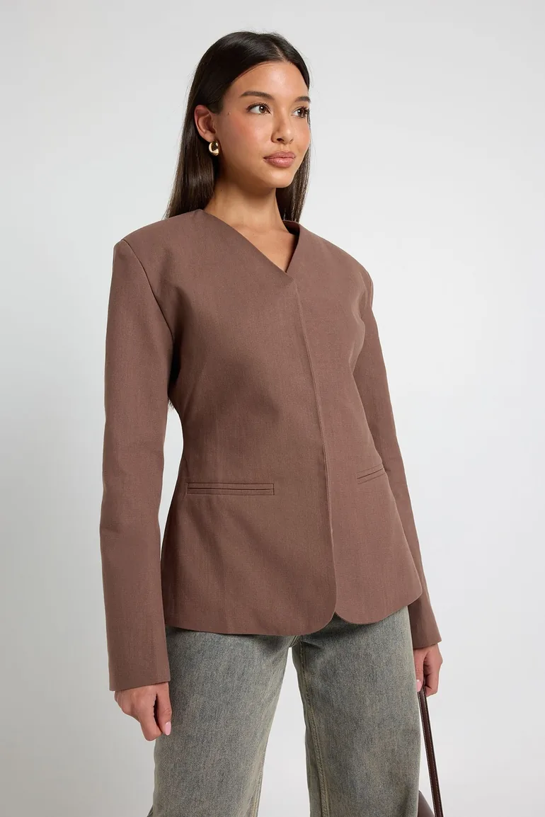 Premium Linen Look V Neck Fitted Blazer - mocha - 1
