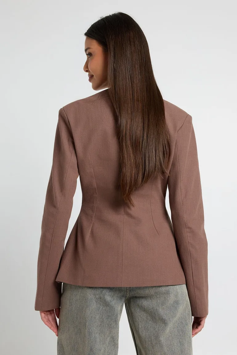 Premium Linen Look V Neck Fitted Blazer - mocha - 2