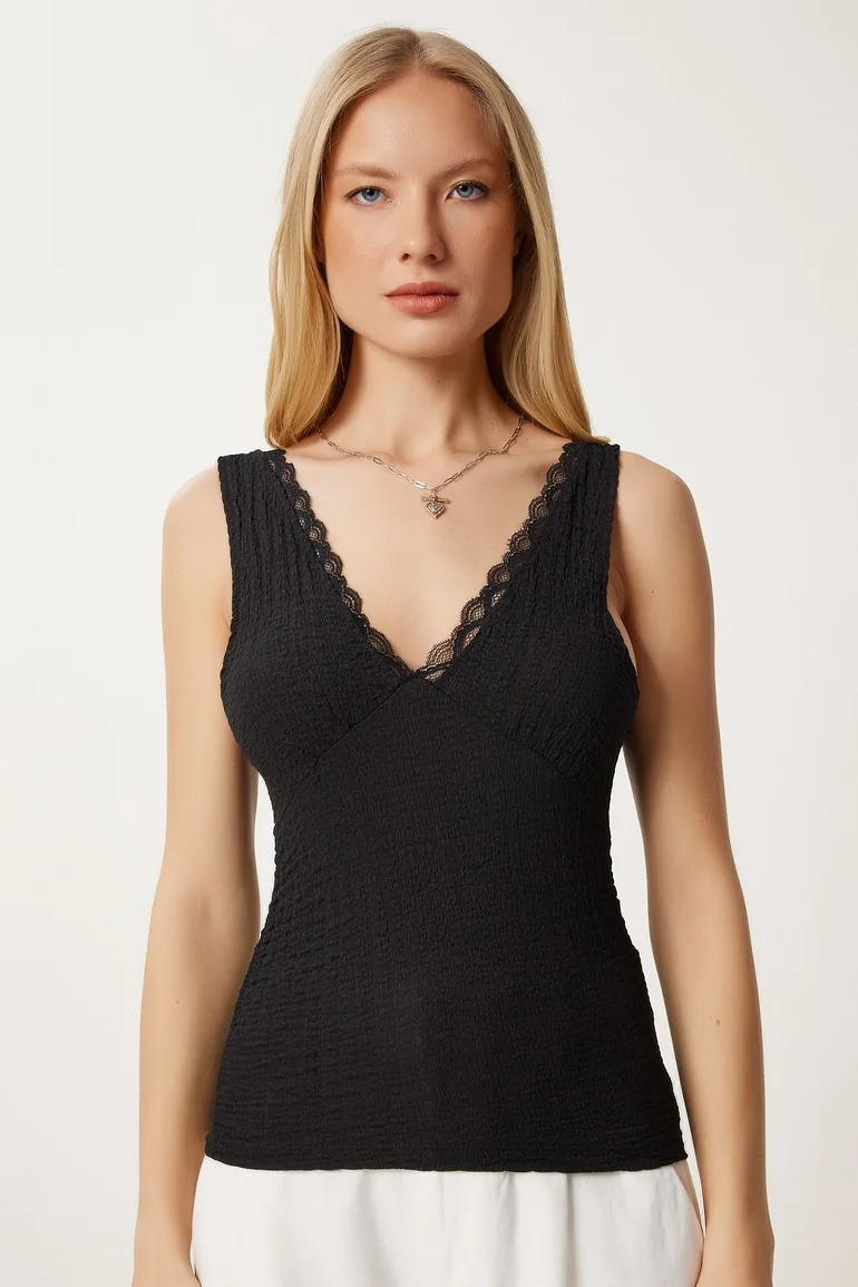 Women's Black Textured Lace Flexible Knitted Blouse - 2