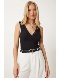 Women's Black Textured Lace Flexible Knitted Blouse