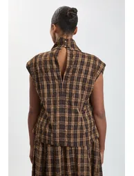 Plus Size Beaded Check Print High Neck Top - 2