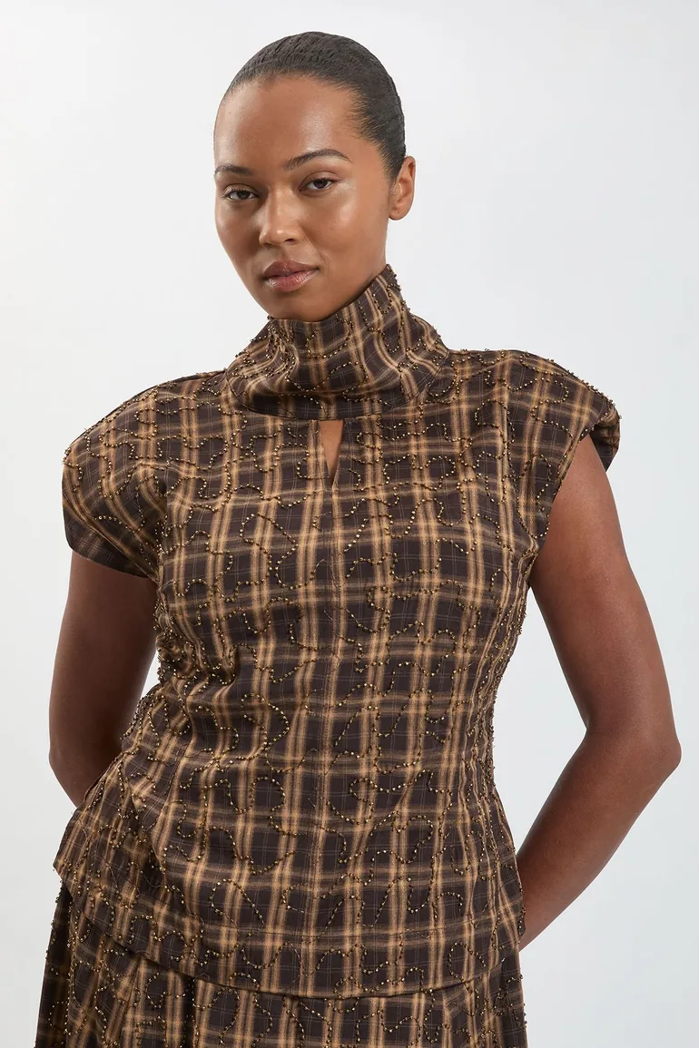 Plus Size Beaded Check Print High Neck Top - 1