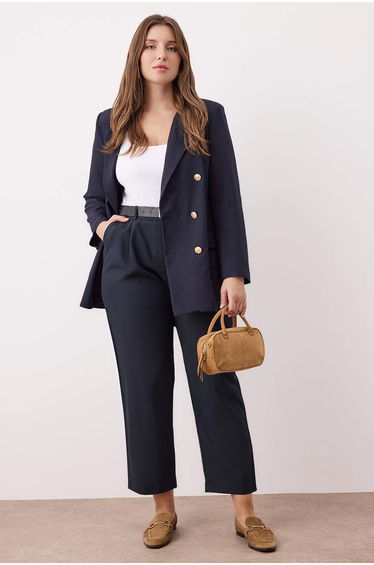 Navy blue Elastic Waist Woven Premium Fabric Plus Size Trousers