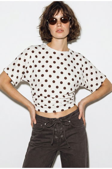 LUCCI Women's Cropped Polka Dot Crew Neck T-Shirt