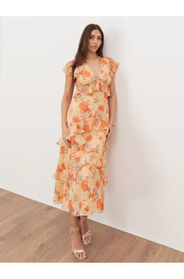 Anaya With Love Recycled Yellow Floral V Neck Ruffle Midi Dress