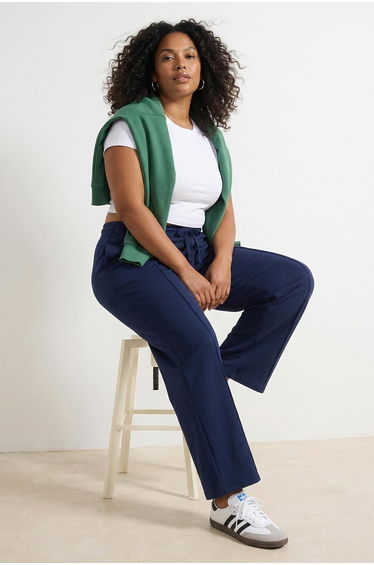 Navy Blue High Waist Stitching Detail Jogger Fit Knitted Plus Size Sweatpants