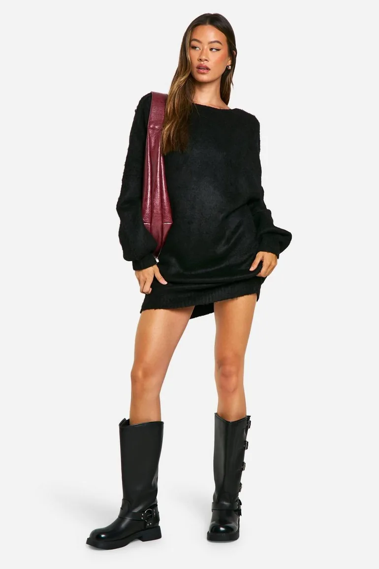 Shop Tall Brushed Low Back Oversized Jumper Dress - black Online in Oman