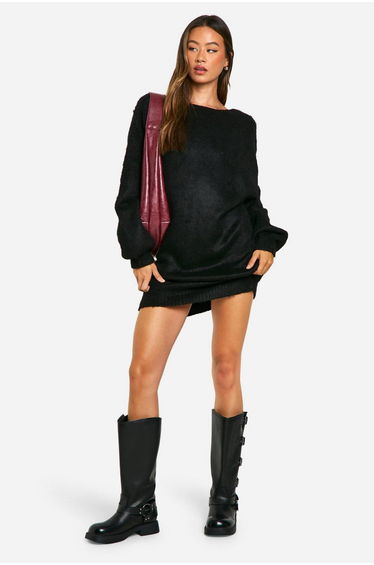 Tall Brushed Low Back Oversized Jumper Dress - black