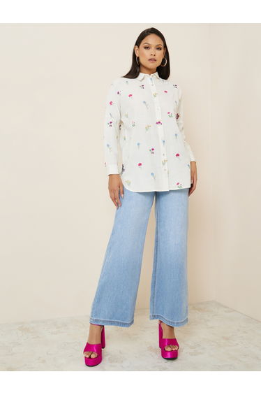 Women Off White Embroidered Long Sleeve Shirt