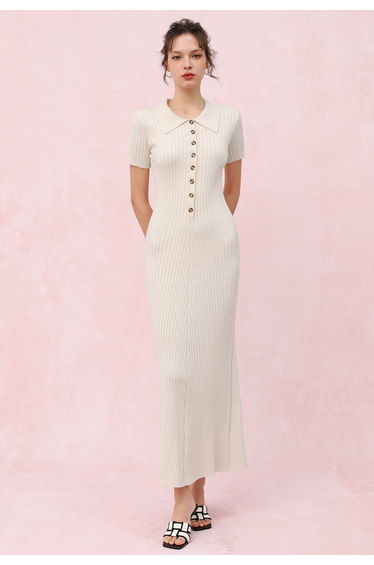 Collared Buttoned Short Sleeve Knit Dress in Cream