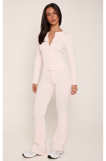 Petite Light Pink Contour Rib Long Sleeve Button Up Long Top