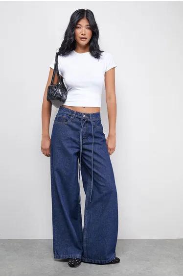 Tie Waist Wide Leg Denim Jean