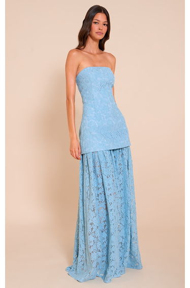 Light Blue Lace Sheer Skirt Panel Bandeau Midaxi Dress
