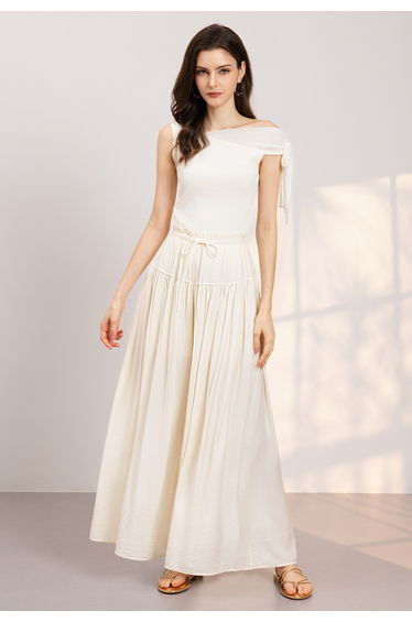 Drawstring Waist Gathered Wide-Leg Pants in Cream for Casual Office & Weekend Vacation