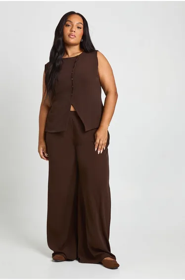 Plus Pleated Tailored Wide Leg Trouser - choc brown