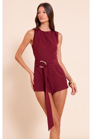 Burgundy Woven Crew Neck Belt Playsuit