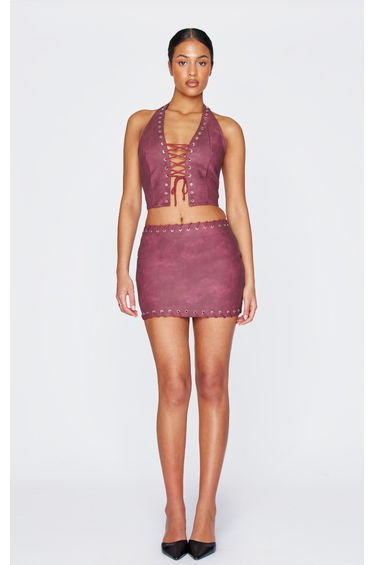Tall Washed Red Faux Leather Eyelet Detail Mini Skirt