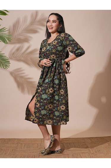 Black Floral Print Waist Tie-Up Midi Dress