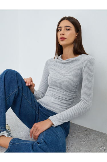 Grey Draped Neck Ribbed Top
