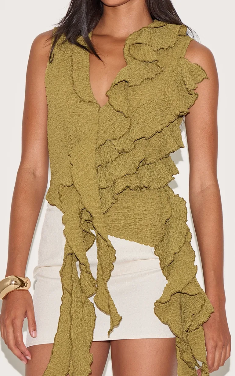Olive Textured Ruffle Asymmetric Long Top - 3