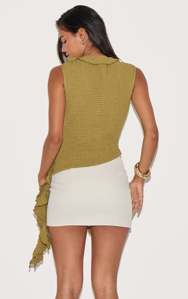 Olive Textured Ruffle Asymmetric Long Top - 1