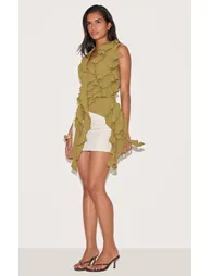 Olive Textured Ruffle Asymmetric Long Top - 2