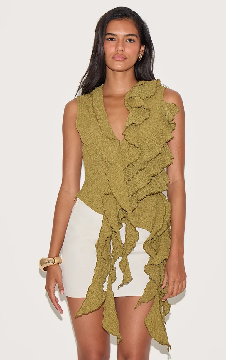 Olive Textured Ruffle Asymmetric Long Top