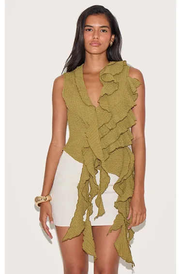 Olive Textured Ruffle Asymmetric Long Top
