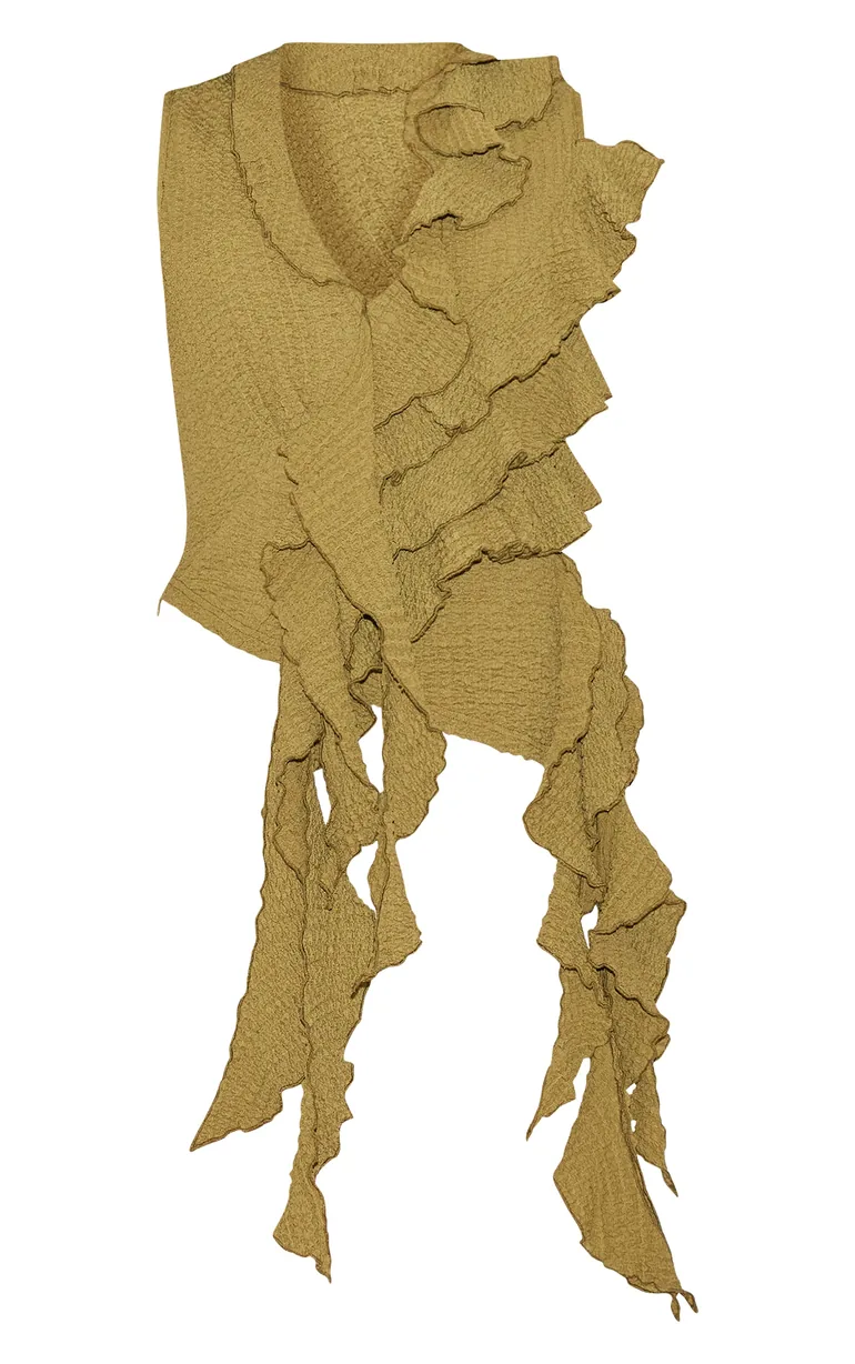 Olive Textured Ruffle Asymmetric Long Top - 4