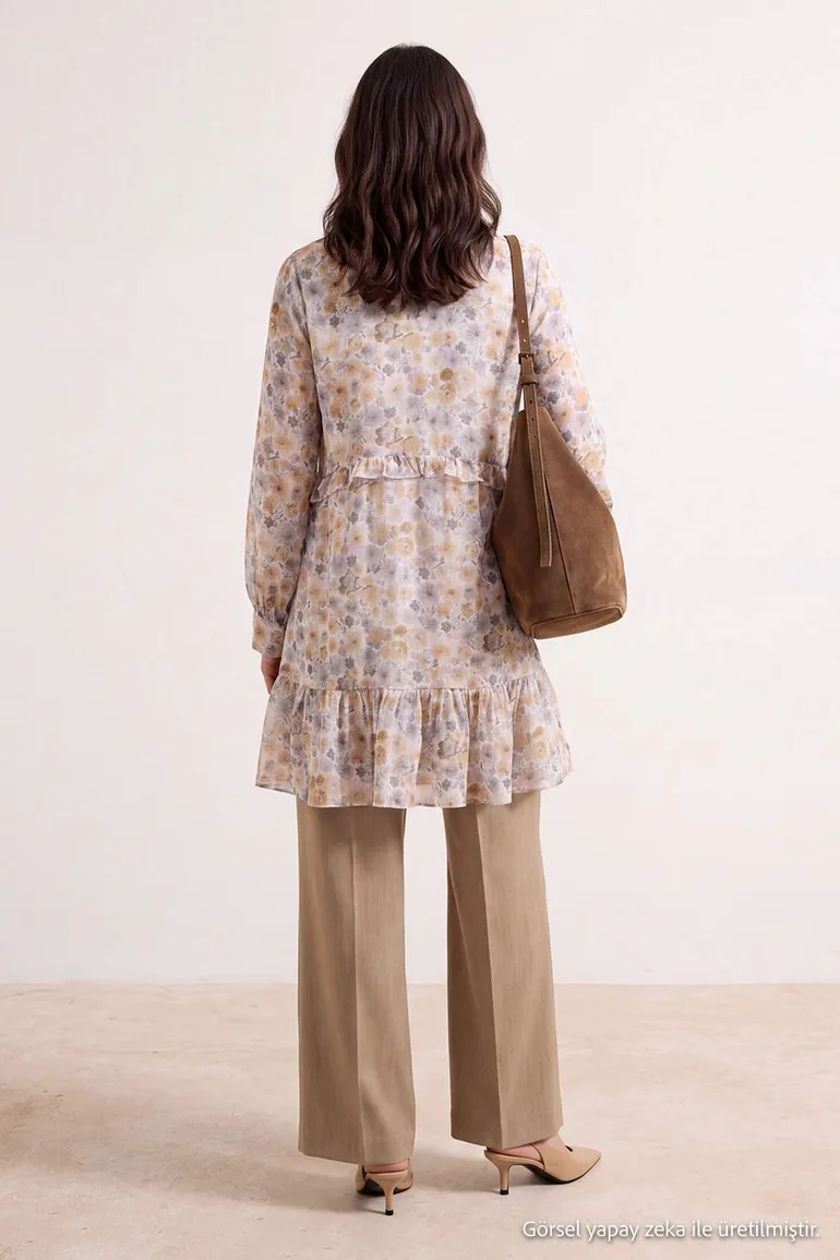 Brown Floral Patterned Viscose Midi Tunic - 2