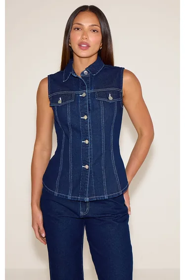 Tall Indigo Cinched Sleeveless Denim Shirt