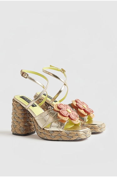 Gold Raffia Heel Flower Sandals