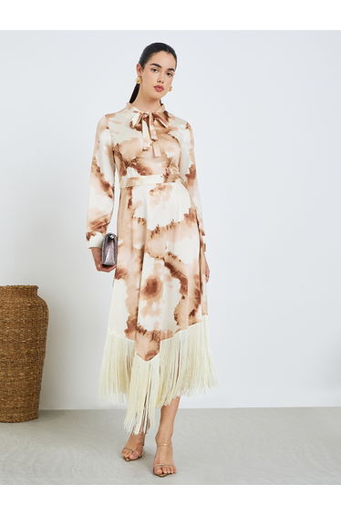 Women Brown Printed Maxi Dress with Fringed Hem